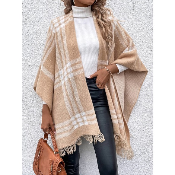 Plaid Batwing Sleeve Fringe Trim Duster Cardigan poncho black white - Picture 5 of 5